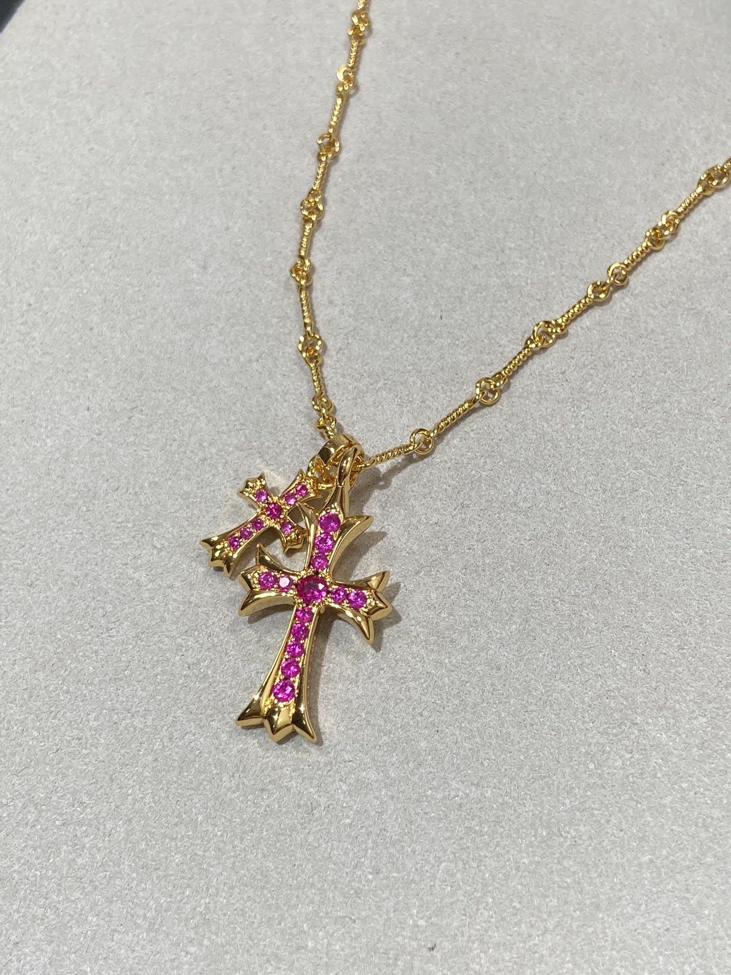 Chrome Hearts Gold Cross Pendant Necklace with Pink Stones